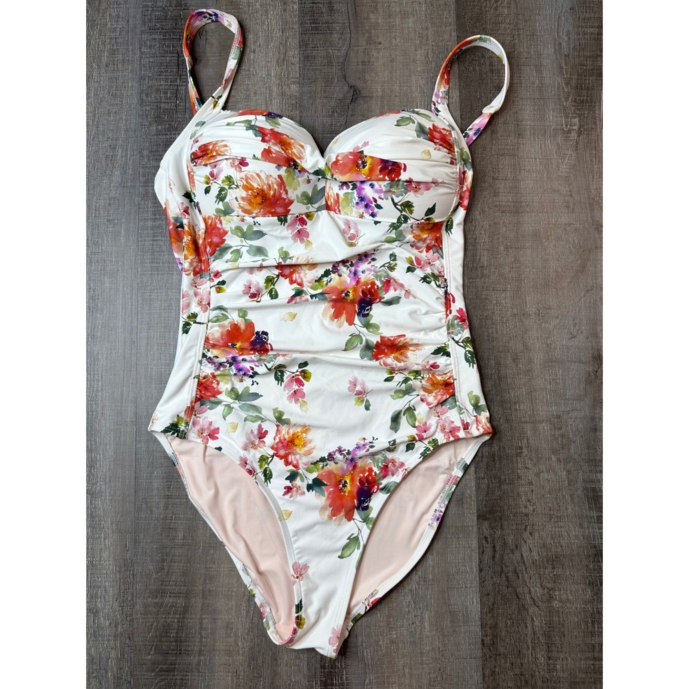 Niptuck Swim Womens Floral Ruched One Piece Swimsuit White Orange Size US 8